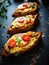 Grilled mozzarella sandwiches with white mushrooms, tomatoes and arugula on black stone plate