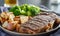 Grilled new york steak with broccoli and roasted potatoes