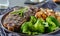 Grilled new york strip steak with rosemary and vegetables