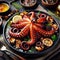 Grilled octopus plated on black dish, a classic mediterranean delicacy. Generated AI