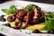 Grilled octopus with a sweet and tangy honey balsamic glaze, served on a bed of creamy polenta and garnished with fresh parsley