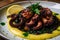 Grilled octopus with a sweet and tangy honey balsamic glaze, served on a bed of creamy polenta and garnished with fresh parsley