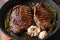 Grilled picanha organic  beef steaks on pan with herbs and garlic. Over old dark metall background, side view