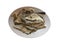 Grilled plaice on ceramic plate top view isolated
