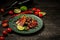 Grilled pork ribs with seedlings of greens and berry sauce, top view. Copy space. concept of a combination of healthy and non-