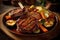 Grilled pork steak with bone in tamarind sauce, with lemon and tomatoes close-up on a plate on the table