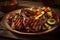 Grilled pork steak with bone in tamarind sauce, with lemon and tomatoes close-up on a plate on the table