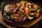 Grilled pork steak with bone in tamarind sauce, with lemon and tomatoes close-up on a plate on the table