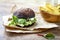 Grilled portobello bun mushroom burger. Vegan, gluten free, grain free, healthy veggies hamburger with guacamole, fresh vegetables