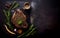 Grilled rib eye steak, herbs and spices on dark table.