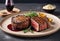 Grilled ribeye beef steak with red wine, herbs and spices, food advertisement photo,