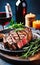 Grilled ribeye beef steak with red wine, herbs and spices, food advertisement photo,