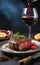 Grilled ribeye beef steak with red wine, herbs and spices, food advertisement photo,