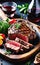 Grilled ribeye beef steak with red wine, herbs and spices, food advertisement photo,