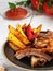 Grilled ribs with French fries and vegetables on the grey background. Shallow depth of field. Vertical orientation