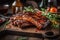 Grilled ribs seasoned with spicy sauce on wooden board