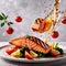 Grilled salmon fillet steak, seafood dish with salad