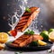 Grilled salmon fillet steak, seafood dish with salad