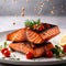 Grilled salmon fillet steak, seafood dish with salad