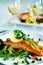 Grilled Salmon Fillet Vegetables Glass White Wine Concept