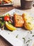 Grilled salmon, mashed potatoes and salad for lunch