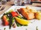 Grilled salmon, mashed potatoes and salad for lunch