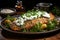 Grilled salmon with parsley and tartar sauce on wooden background