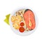 Grilled Salmon Steak with Mushrooms and Tomatoes Served on Flat Plate Vector Illustration