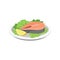 Grilled salmon steak served with lemon and lettuce leaves on a plate vector Illustration on a white background
