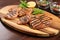 grilled salmon steaks served on a wooden plate by a person