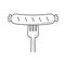 Grilled sausage on fork vector line icon.