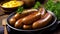 Grilled sausages. Bavarian sausages with herbs and mustard sauce. Food on wood background. Close-up.
