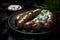 Grilled sausages on creamy sauce, garnished with fresh herbs, in a dark, elegant setting