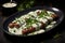 Grilled sausages on creamy sauce, garnished with fresh herbs, in a dark, elegant setting