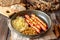 Grilled sausages with lentils. German cuisine. Beer