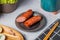 Grilled Sausages served dish with chopsticks isolated on napkin side view of taiwanese food