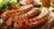 Grilled sausages served with fresh salad and beer