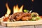 Grilled sausages and various vegetables on chopping wood