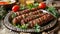 Grilled sausages wrapped in bacon on a rustic plate with parsley and tomatoes