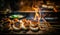 Grilled seafood scallop and sea urchin eggs skewer with smoke, japanese street food at Tsukiji Fish Market, Japan. selective focus