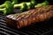 grilled seitan steak with grill marks on dark background