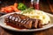 grilled seitan steak with mashed potatoes on a plate