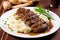 grilled seitan steak with mashed potatoes on a plate