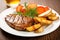 grilled seitan steak served with potato wedges