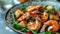 Grilled shrimp with herbs and spices on arugula salad