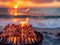 Grilled Shrimp Skewers Over Charcoal Grill at Beach Sunset, Delicious Seafood BBQ Picnic by Ocean