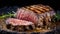 Grilled sliced juicy beef rib eye steak with herbs on the cutting board