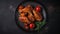 Grilled spicy chicken with ketchup on a black plate on a dark slate. Generative Ai