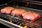 grilled steak on barbecue grates, thermometer checking temperature