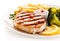 Grilled steak, chips and vegetable salad